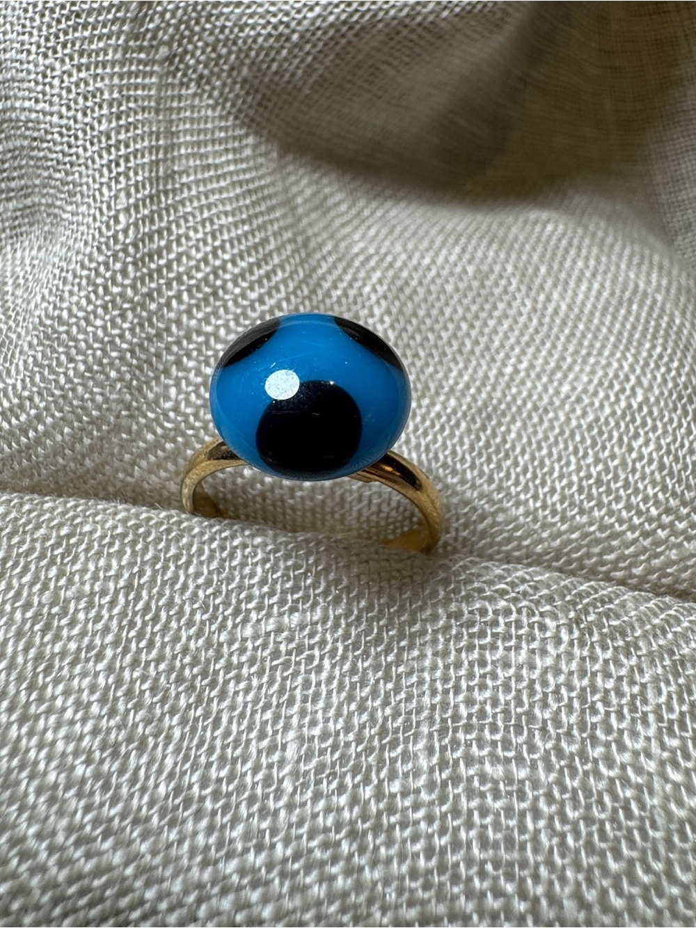 Vintage Ring with Blue Glass w Black Dots